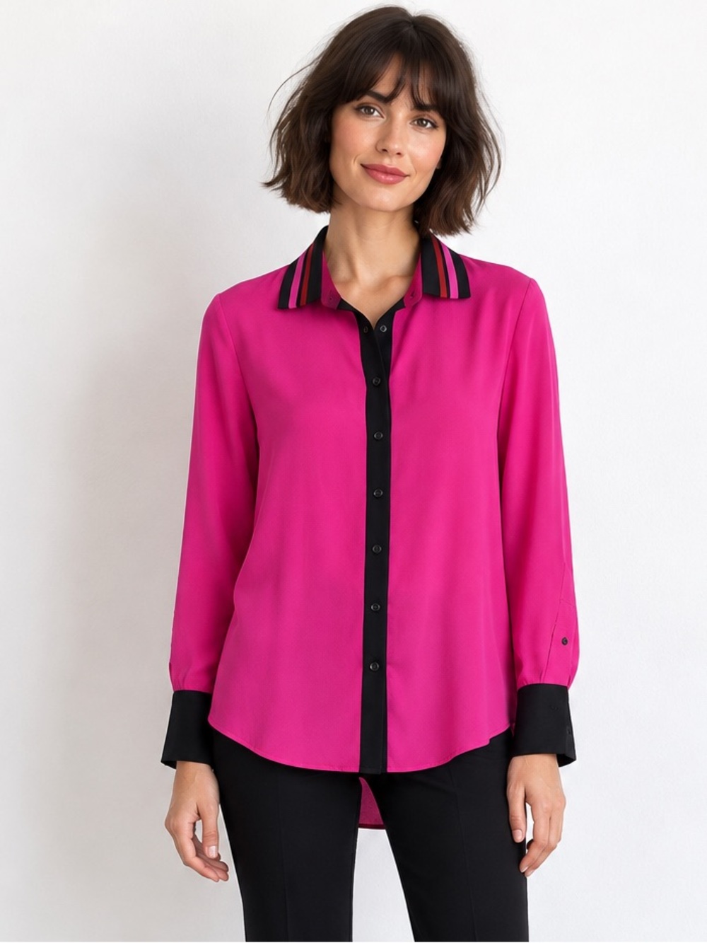 Anne Klein Hot Pink Black Contrast Button Down Blouse Striped Collar